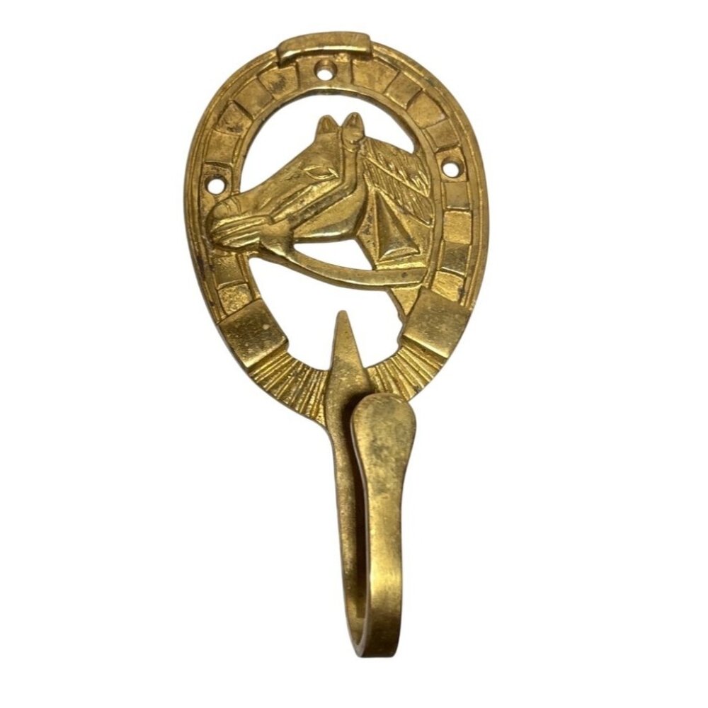 Brass Horse Head Motif Wall Hook With Horseshoe Design 5.5"